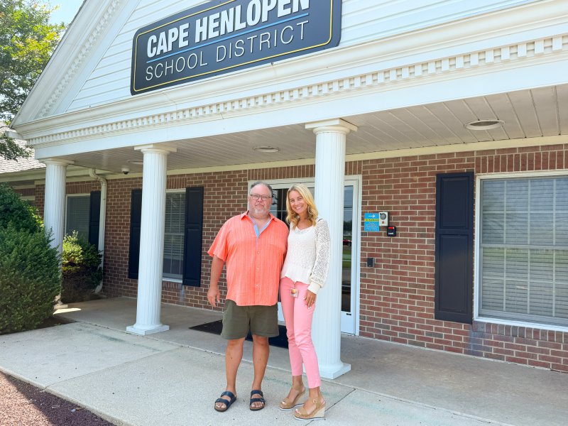 Gathered outside the Cape Henlopen School District office following contract finalization are Andrew Messick, left, Cape Henlopen Support Staff Association president, and Dr. Jenny Nauman, district superintendent. SUBMITTED PHOTO